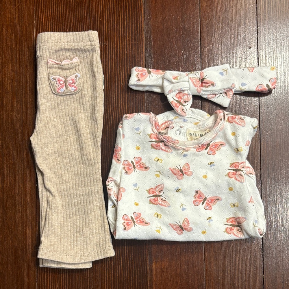 Organic Cotton Butterfly Print Matching Pant and Shirt Set with Headband Baby